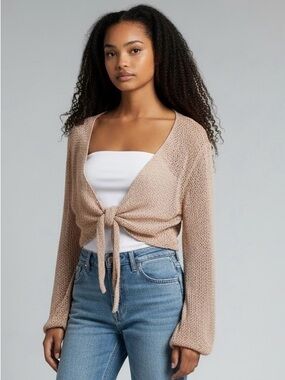 Love Tree Tie-Front Shrug Mesh Knit Cardigan in Blush/Natural Women’s L